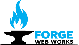 Forge Web Works logo: a cyan flame above a black anvil