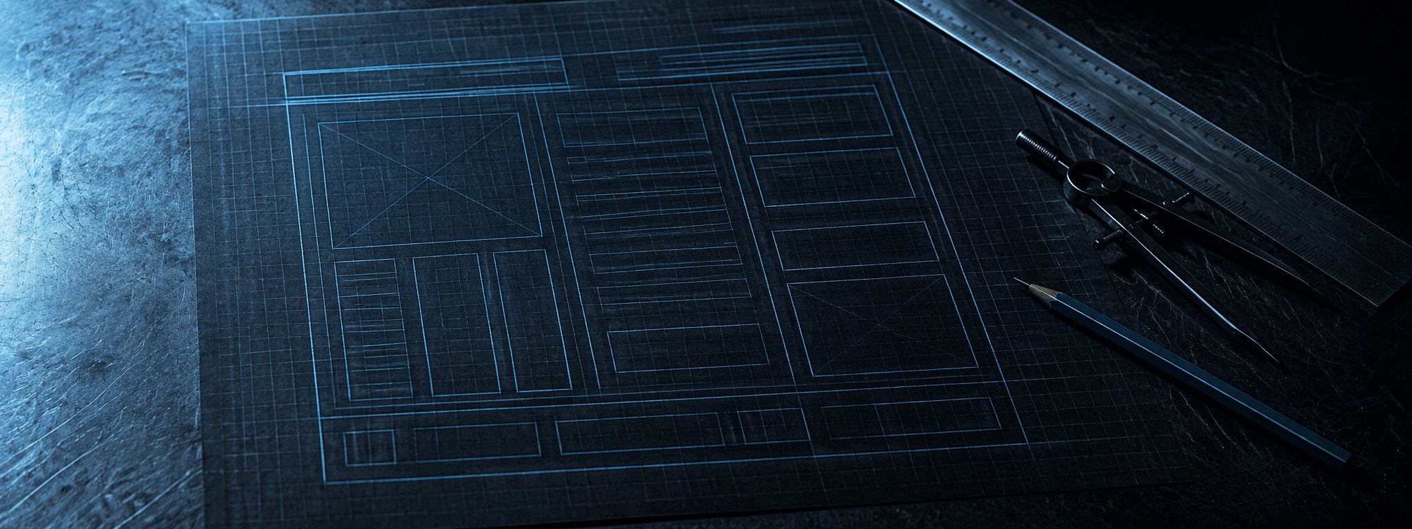 A web page layout drafted in cyan on dark grid paper with a steel rule and compass