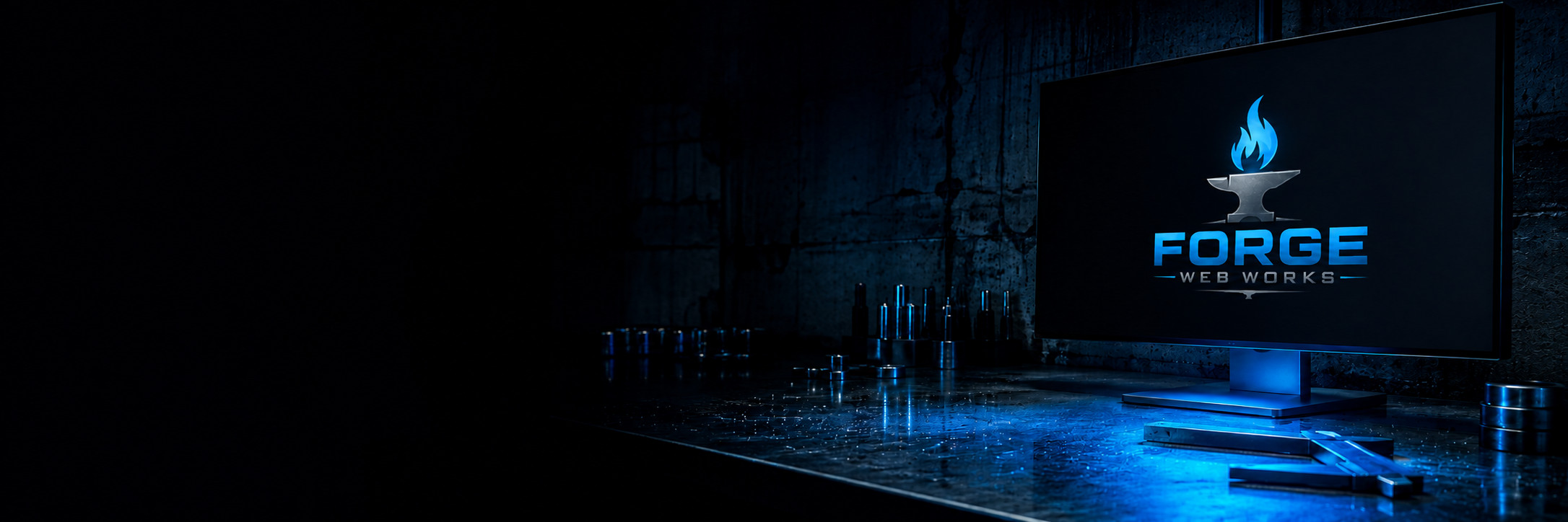 A dark workshop bench lit by the cyan glow of a monitor displaying the Forge Web Works logo